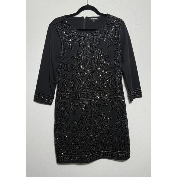 Gianni Bini Sequins Beaded Black Mini Dress 3/4 Sleeve Zip Back Size Large - Picture 1 of 8